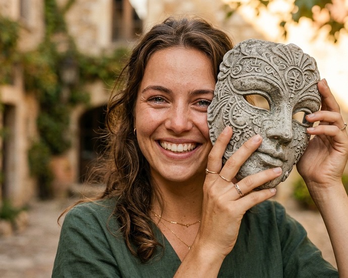 Eine junge Frau die Lacht und eine Maske neben ihr Gesicht hält.