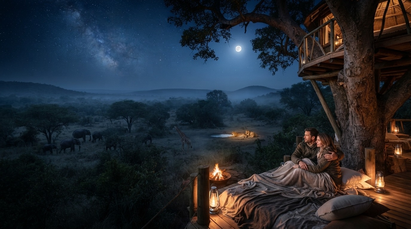 Ein Paar, in eine Decke gehüllt, sitzt auf der Terrasse eines Baumhauses und beobachtet Elefanten, Giraffen und Löwen unter dem mondbeschienenen Himmel einer afrikanischen Safari