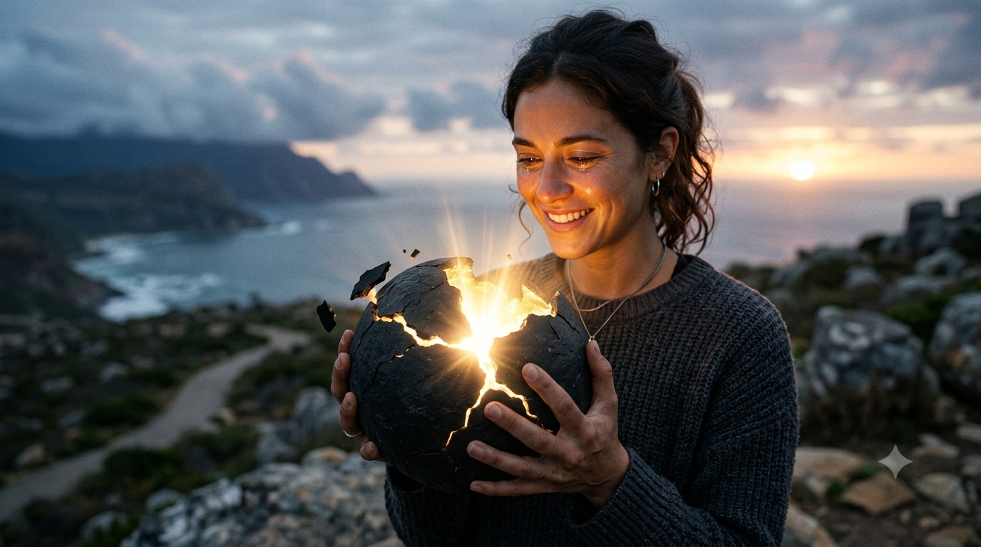 Person zerbricht eine schwere schwarze Kugel, aus der Licht hervorbricht – Symbol für Angstüberwindung und neues Selbstvertrauen. Person zerbricht eine schwere schwarze Kugel, aus der Licht hervorbricht – Symbol für Angstüberwindung und neues Selbstvertrauen.