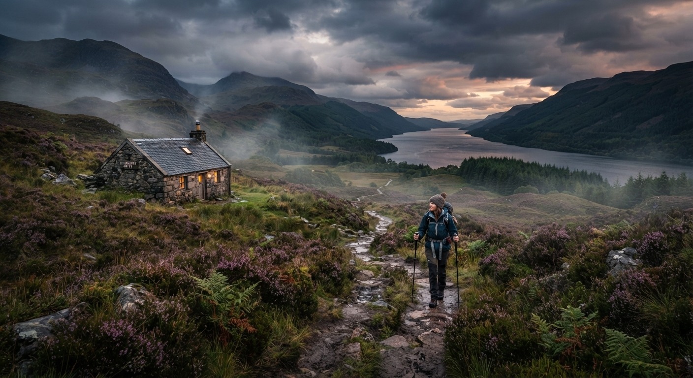 Ein Wanderer mit Trekkingstöcken auf einem Weg zu einer beleuchteten Steinhütte inmitten von violettem Heidekraut und sanften Hügeln am Ufer eines langen Sees in der Abenddämmerung Ein Wanderer mit Trekkingstöcken auf einem Weg zu einer beleuchteten Steinhütte inmitten von violettem Heidekraut und sanften Hügeln am Ufer eines langen Sees in der Abenddämmerung