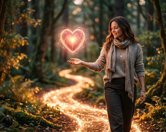 Eine Frau steht auf einen Waldweg und neben ihr ist ein großes rotes Herz was leuchtet.