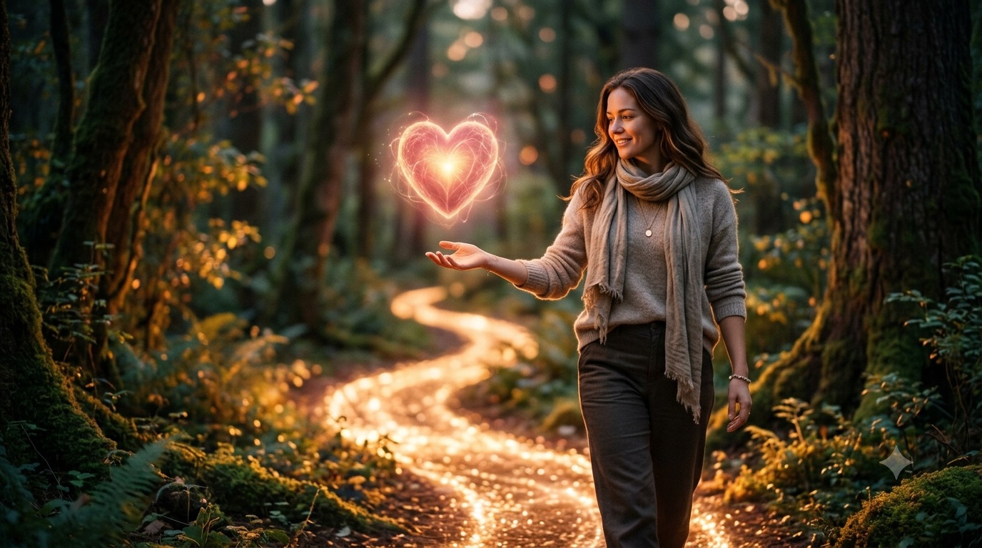 Eine Frau steht auf einen Waldweg und neben ihr ist ein großes rotes Herz was leuchtet.
