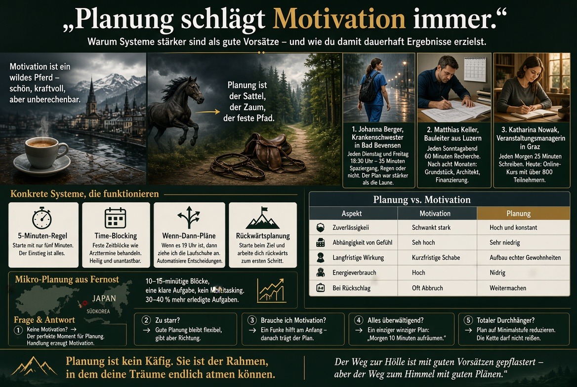 Infografik Planung schlägt Motivation immer. Infografik Planung schlägt Motivation immer.