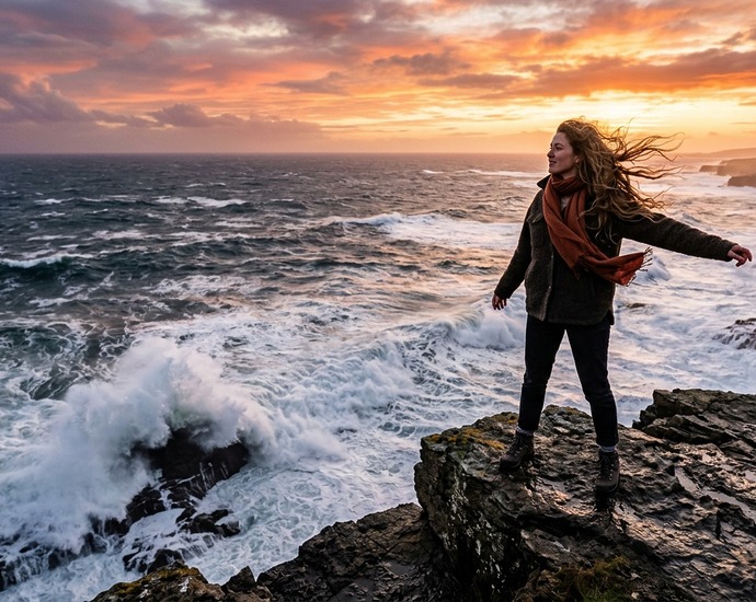 Junge Frau auf Klippe am Meer bei Sonnenuntergang, Symbol für Freiheit und Mut.