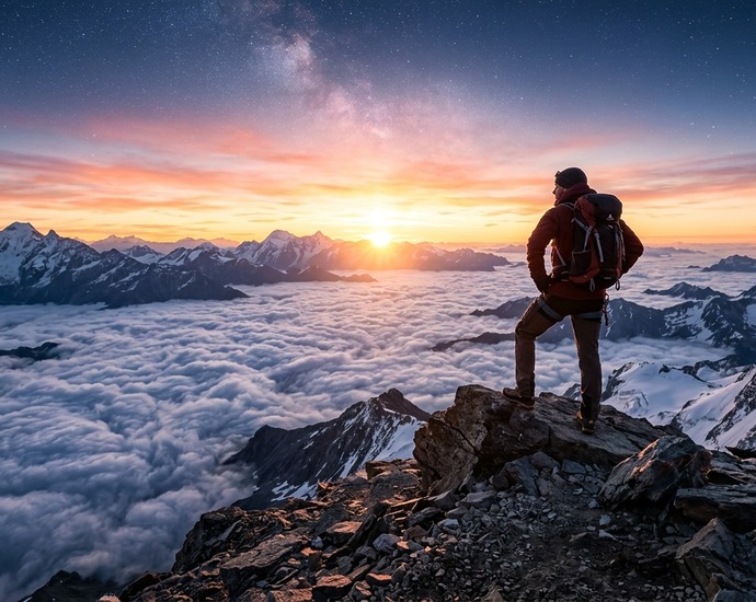 Mensch auf Berggipfel mit weitem Blick, Sonnenaufgang und Sternenhimmel – Symbol für Erfolg und persönliche Meisterschaft.