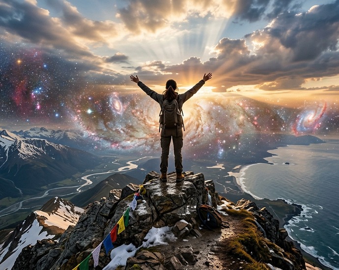 Mensch auf Berggipfel vor kosmischer Universum Matrix, Symbol für Entwicklung und grenzenloses Potenzial.
