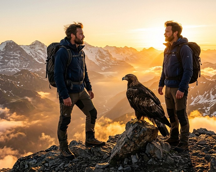 Mensch mit Adler auf Berggipfel bei Sonnenaufgang. Symbol für Freiheit und Mut.
