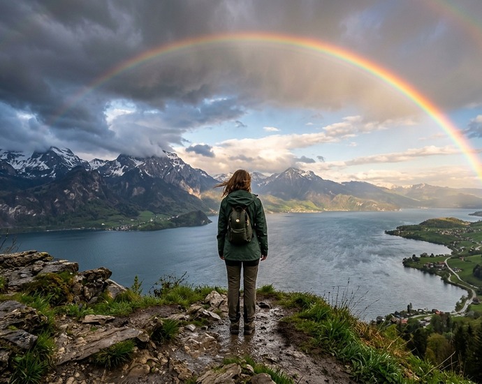 Mensch nach Sturm mit Regenbogen über Bergen und See.