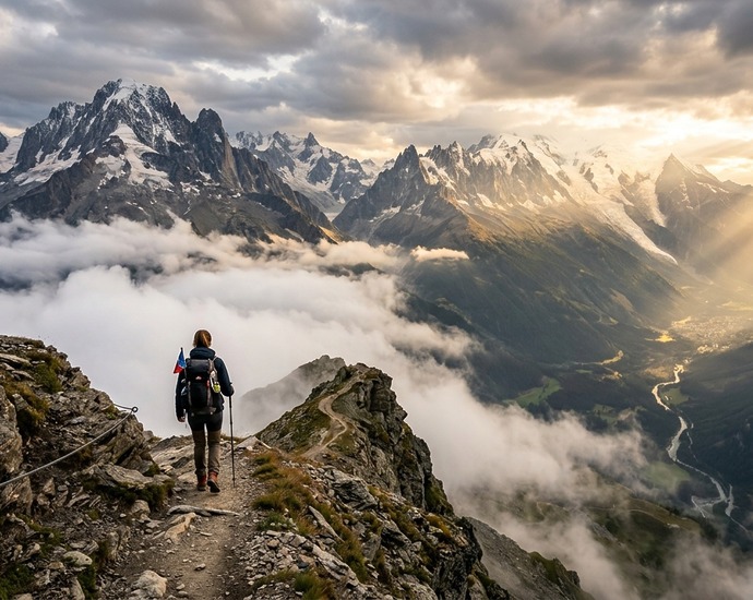 Person auf schmalem Bergpfad zwischen riesigen Gipfeln mit Sonnenstrahlen und Wolken. Symbol für persönliche Reise.