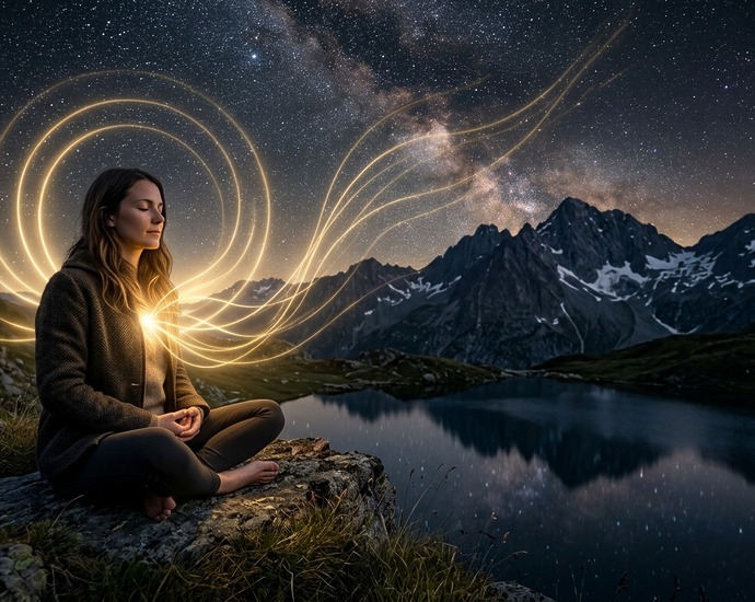 Person mit goldenen Lichtwellen, Sternenhimmel, Bergen und See – Symbol für innere Weisheit und Lebensweg.