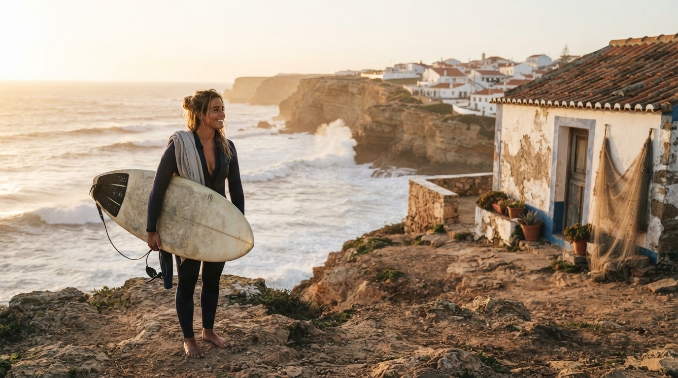 Surferin mit Board vor malerischer Algarve Steilküste mit Fischerdorf bei Sonnenuntergang.
