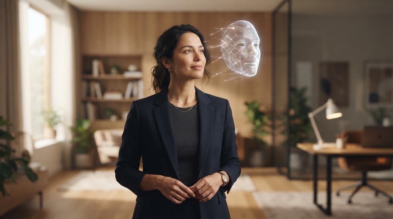 Eine selbstbewusste Frau in einem modernen Büro betrachtet nachdenklich eine schwebende, leuchtende digitale Maske als Symbol für KI und Innovation.