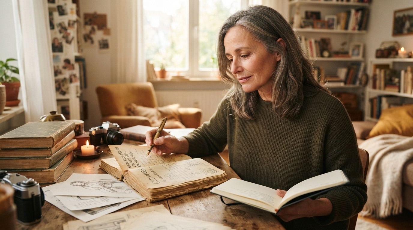 Eine Frau mit grauem Haar schreibt in einem gemütlichen, hellen Raum konzentriert in ein Notizbuch, umgeben von Büchern und persönlichen Notizen.